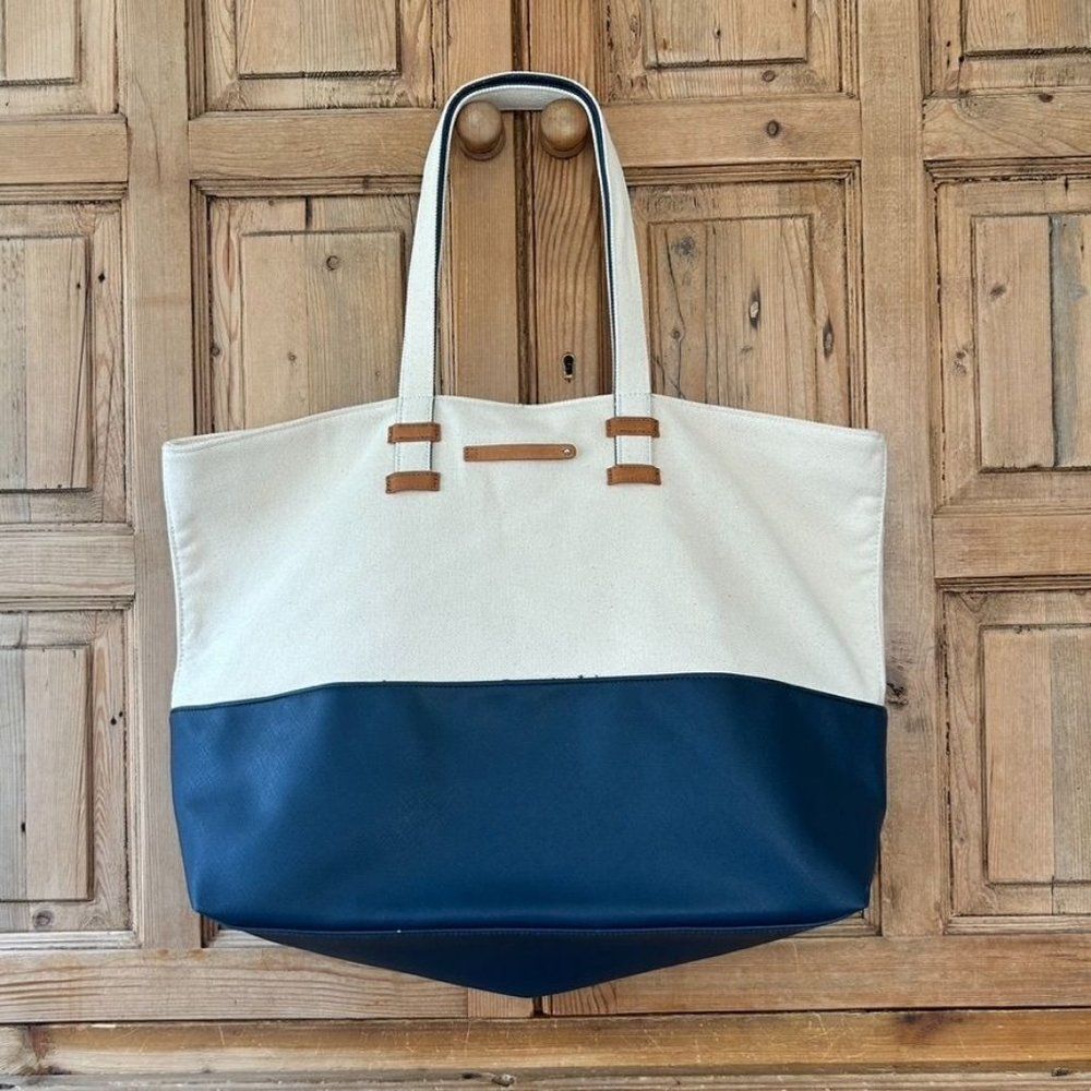 Keep Collective Canvas Purse Cream Navy Blue Color Block Shoulder Tote Bag Boho‎